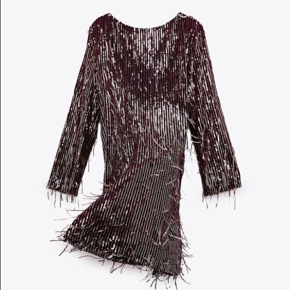 New Zara Fringe Burgundy Sequin Fringe Mini Dress - Picture 2 of 8